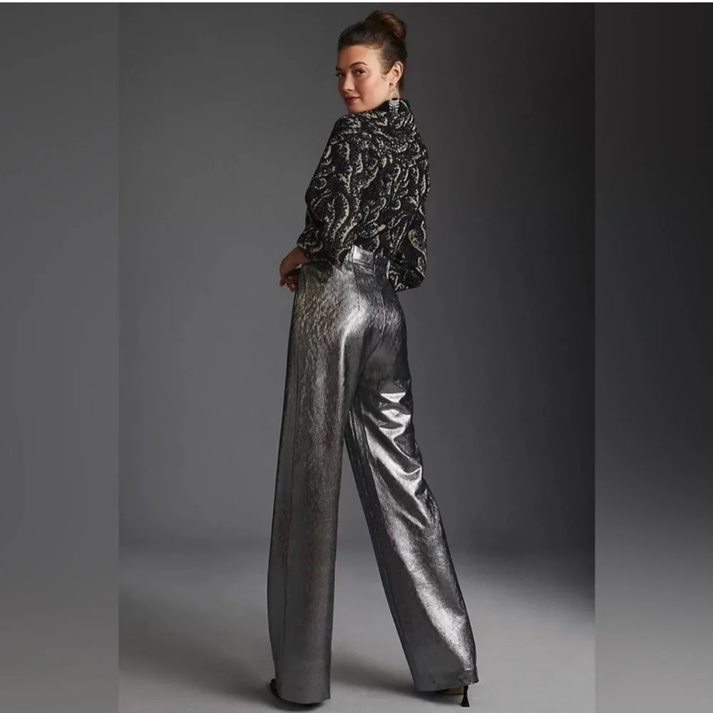 Anthropologie Metallic Silver Wide-Leg Women's Pants - Picture 2 of 7